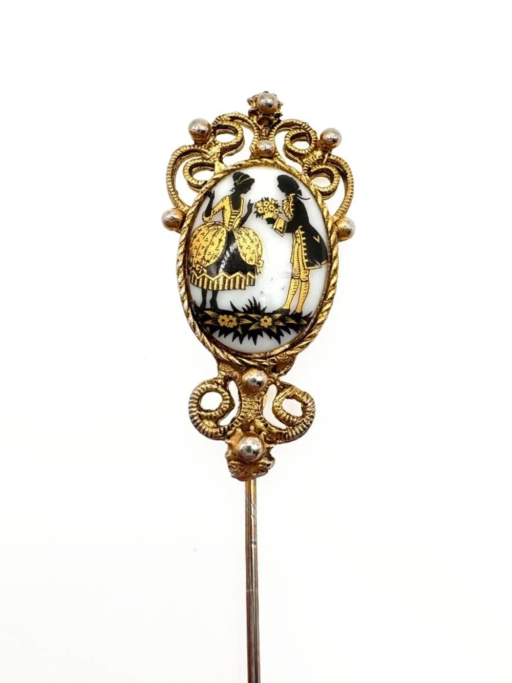 Vintage Victorian Revival Stick Pin With Romantic Cameo Scene